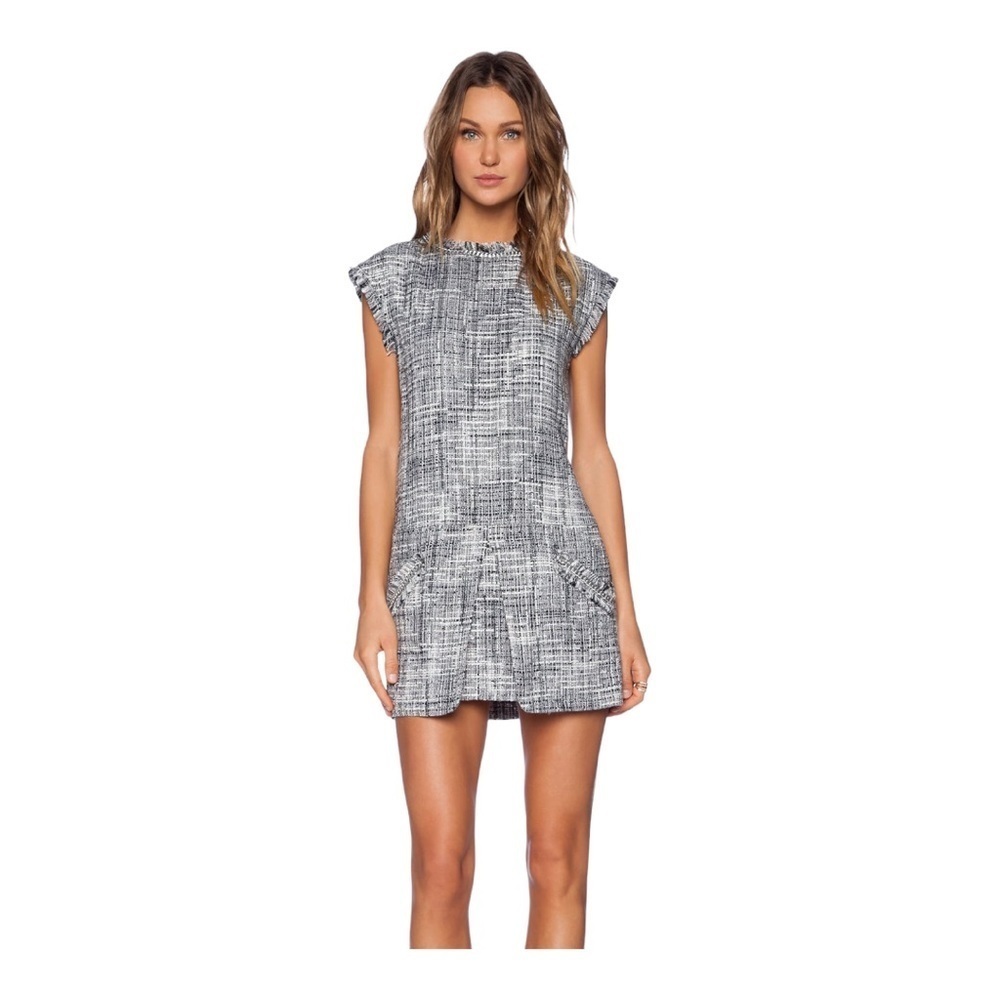 Rachel Zoe Monte Fringe Mini Dress Women’s Size 6 Green Woven Metallic Tweed